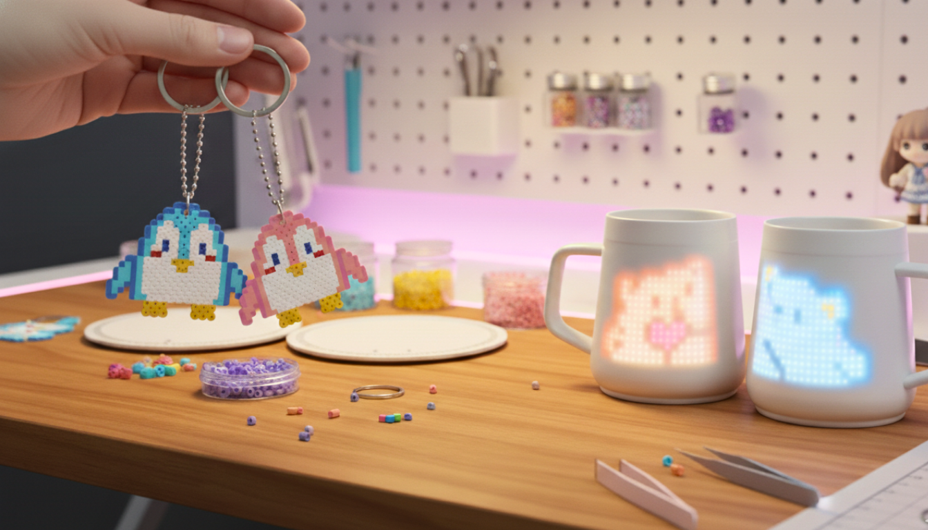 A hand holding matching pink and blue penguin Perler bead keychains on the left, contrasted with two Pixelmug smart LED mugs displaying glowing bear pixel art on the right. A creative DIY workbench setup for Valentine's Day.