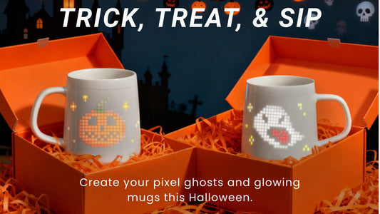 PixelMug displaying Trick or Treat pixel art for Halloween theme