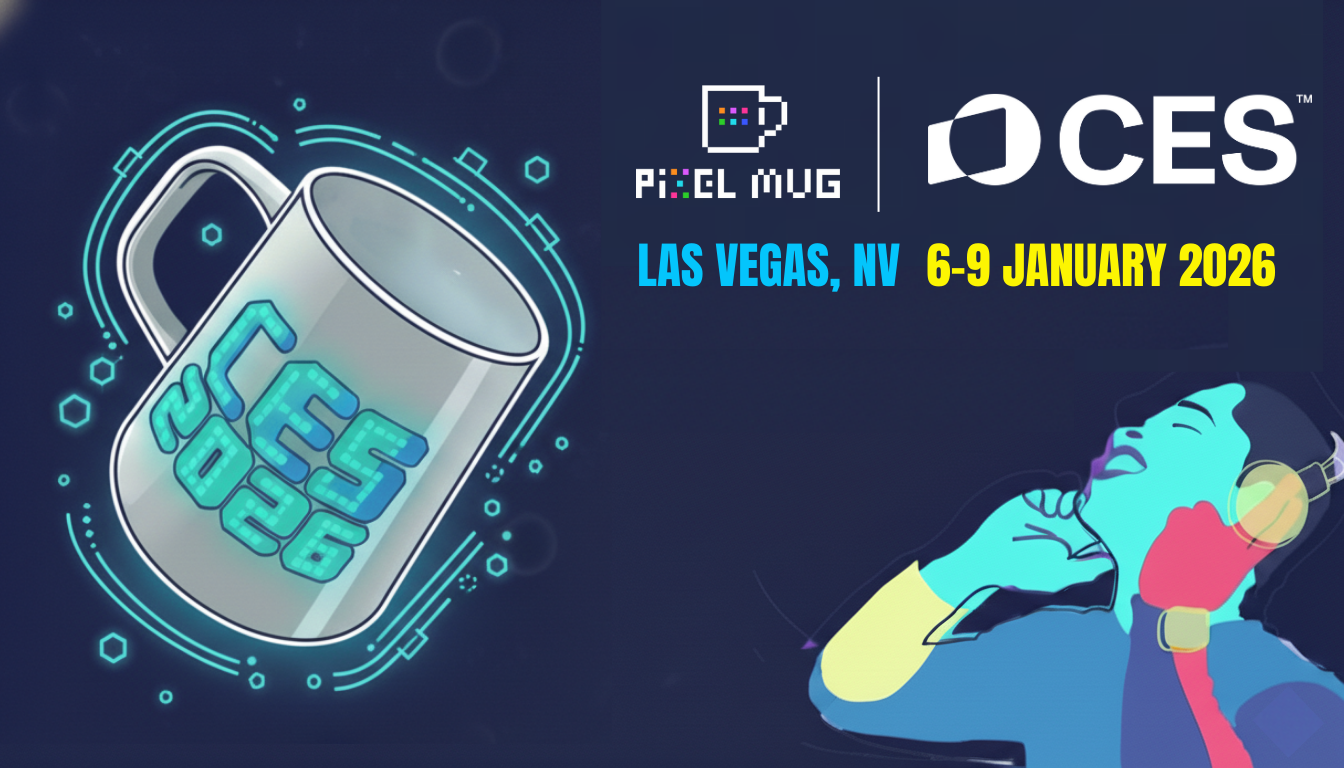 The official cover image for the PixelMug CES 2026 recap, featuring the PixelMug P1 smart mug against a backdrop of the official CES logo