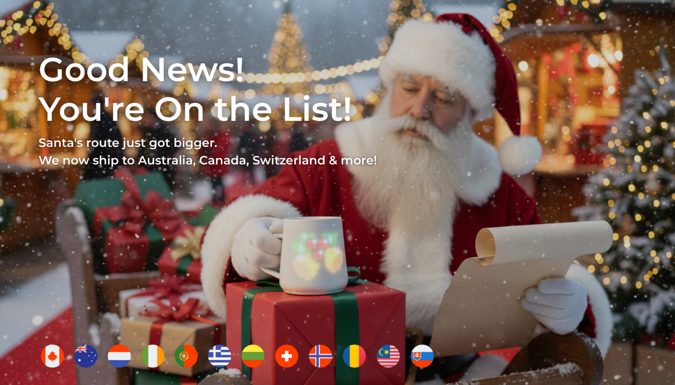 A festive illustration of Santa Claus next to his sleigh, holding a glowing PixelMug in one hand and a long list of new shipping destinations in the other, with flags of Australia, Canada, and European countries at the bottom.