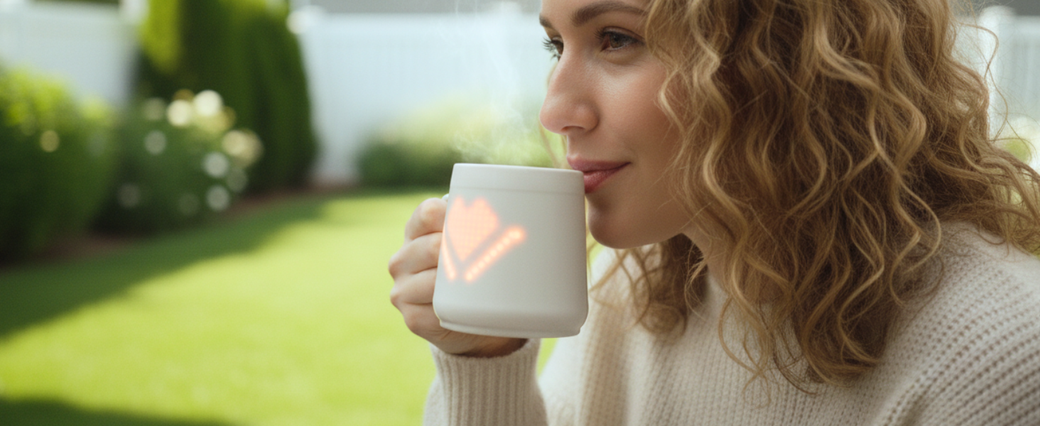 A woman holding a PixelMug ceramic mug with a glowing pixel display, enjoying a quiet morning outdoors