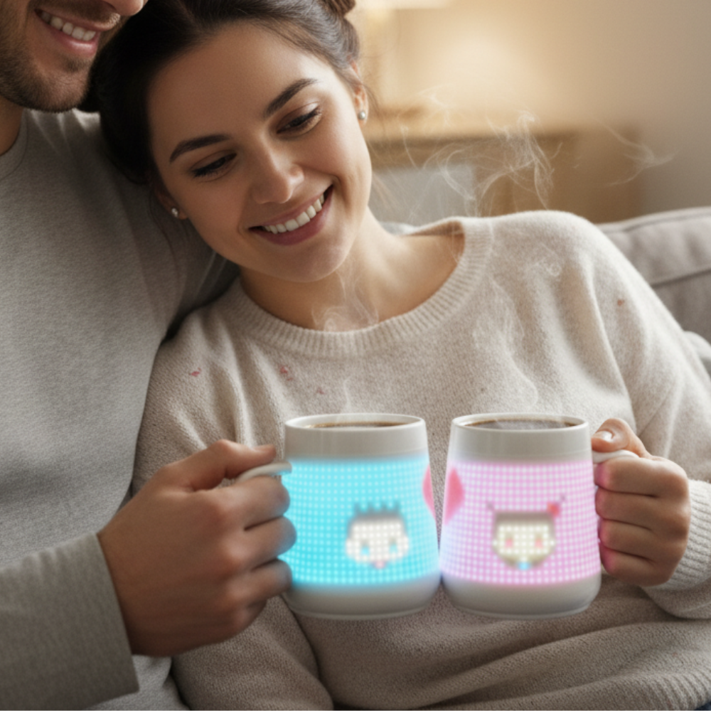 Pair of pixel mugs displaying customizable pixel art of a couple, perfect for personalized gifts and creative expressions of love.