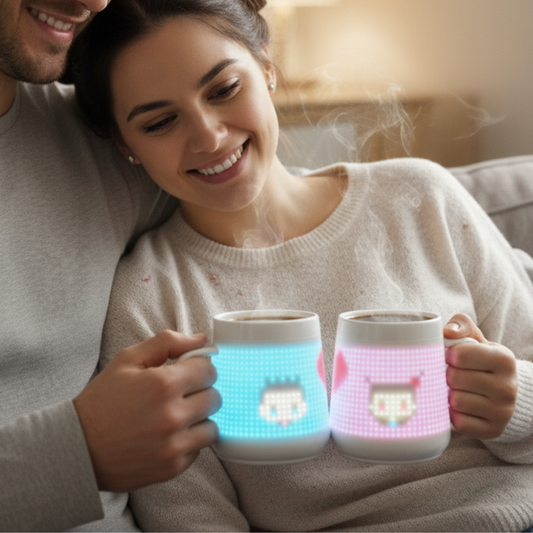 Pair of pixel mugs displaying customizable pixel art of a couple, perfect for personalized gifts and creative expressions of love.