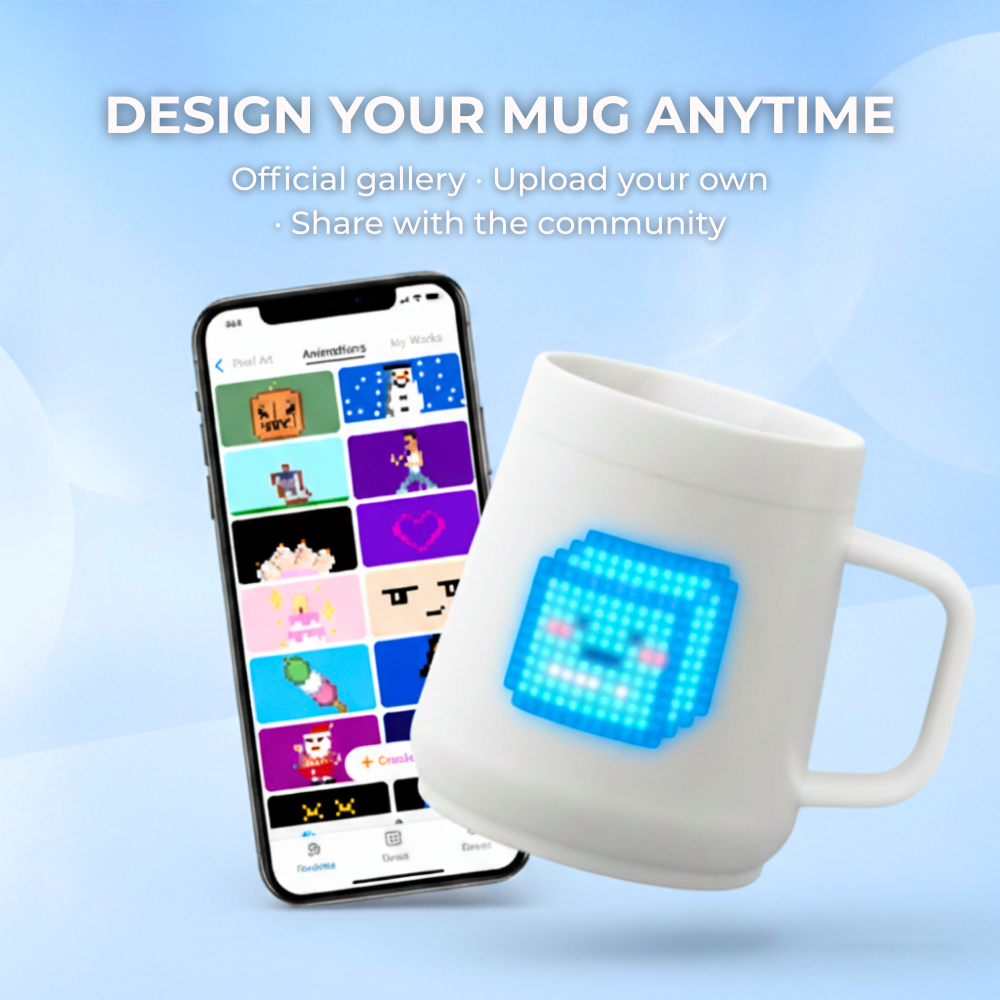 Pixelmug P1 smart app with customizable gallery, allowing users to upload, create, and share their designs anytime. Perfect for personalized creative expression