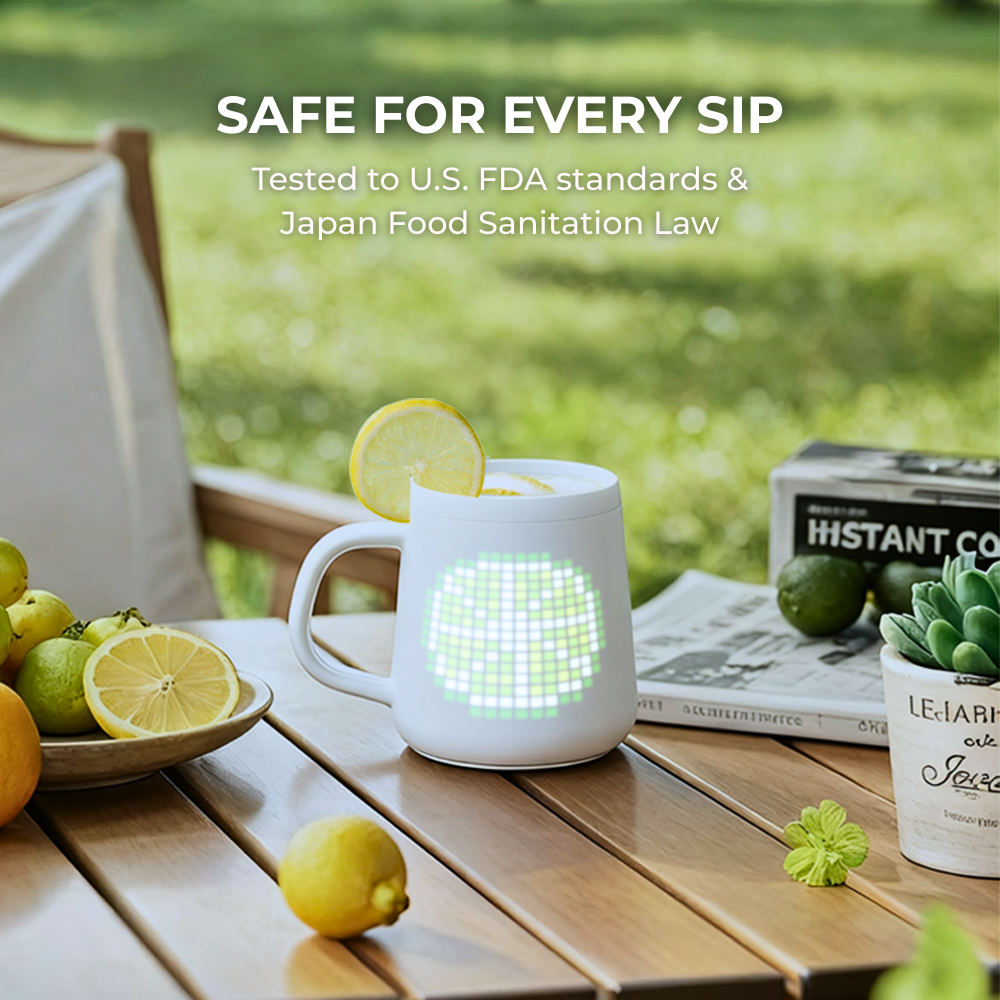 Pixelmug P1 smart mug made with food-grade safe materials, tested to U.S. FDA standards and Japan Food Sanitation Law for health and safety. Ideal for daily use.