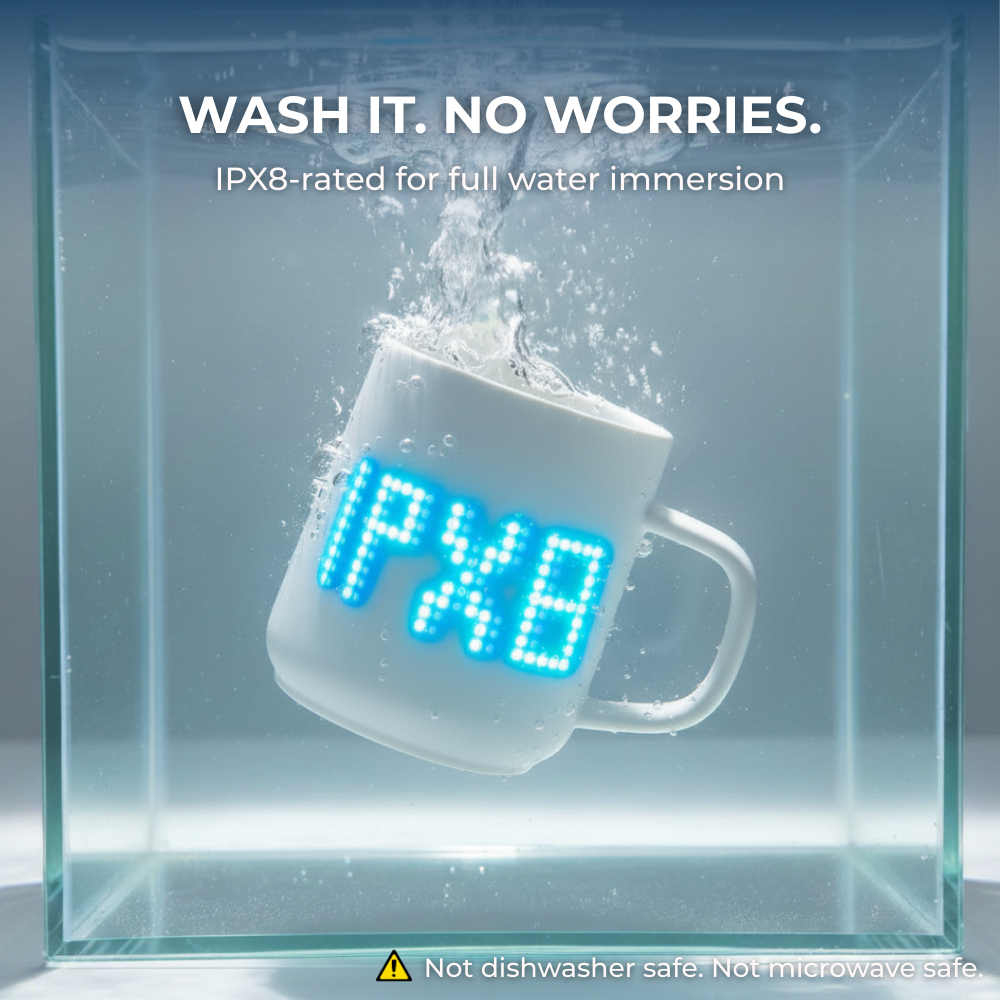 Smart mug with IPX8 waterproof rating, fully washable and safe for water immersion. Ideal for daily use without worrying about spills or splashes.