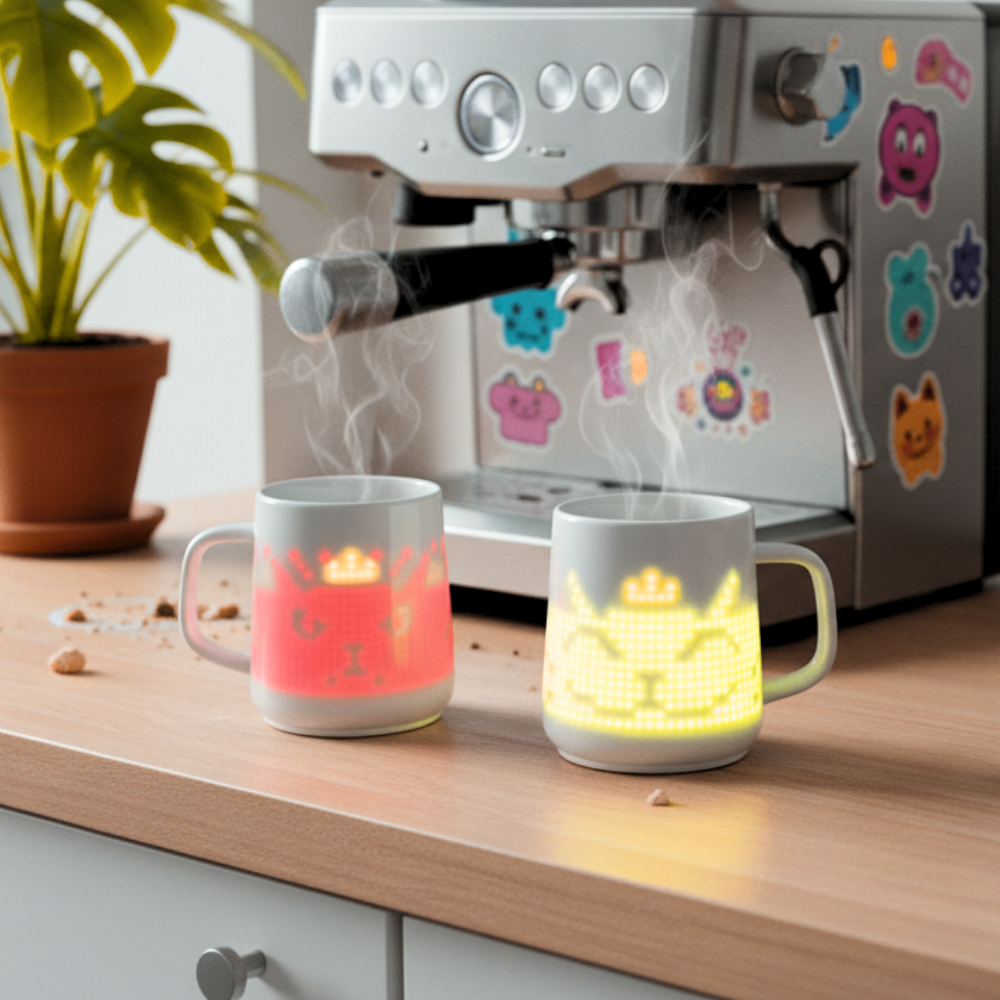 Two pixel mugs are placed on the desktop, displaying pixelated cats wearing crowns.