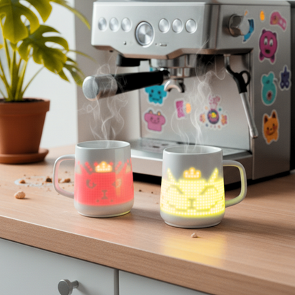 Two pixel mugs are placed on the desktop, displaying pixelated cats wearing crowns.