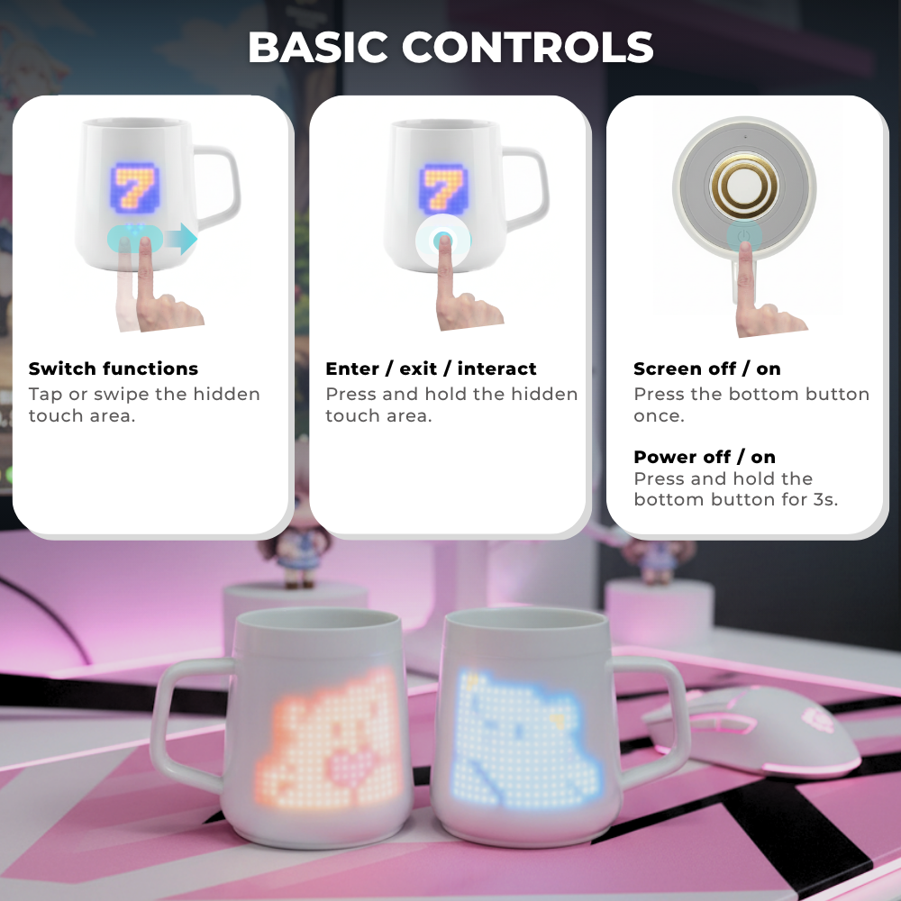 Pixelmug basic controls guide. An infographic showing how to tap, swipe, and press the hidden touch area to switch functions, and how to use the bottom button for power, displayed over a pink gaming desk setup.
