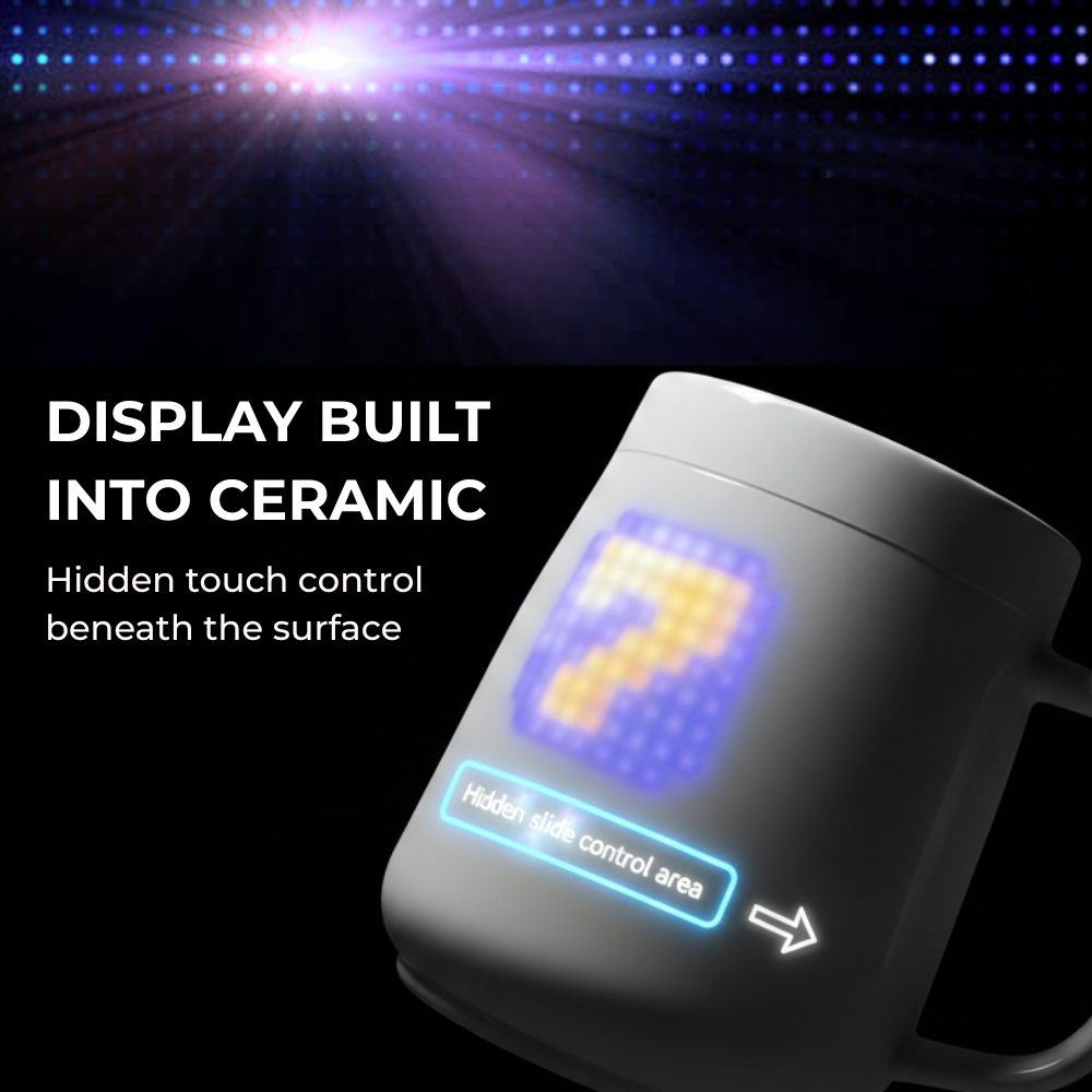 PixelMug P1 with display built directly into the ceramic body and a hidden touch control area
