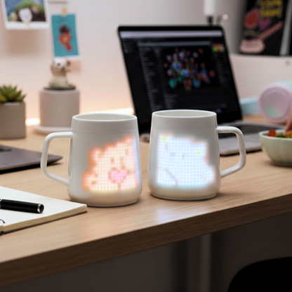 A pair of PixelMug P1 cups displaying matching couple-style LED pixel art designs