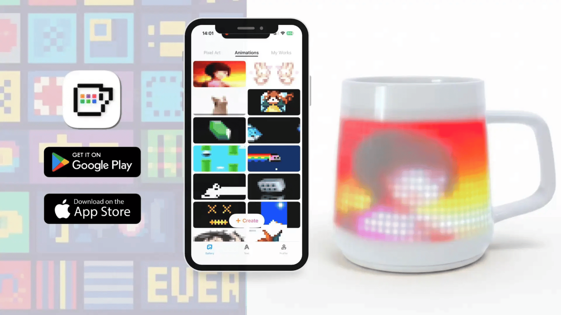 PixelMug ceramic mug beside smartphone showing Bubble app animation library, available on Google Play and App Store