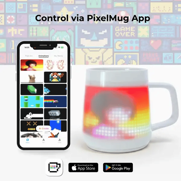 PixelMug ceramic mug with app-controlled pixel display, showing animation library on iOS and Android app, available on App Store and Google Play