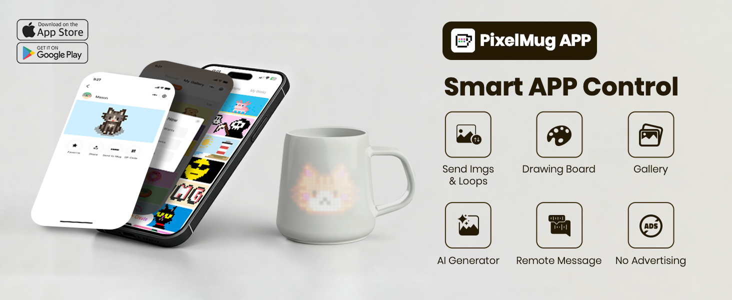 Banner showcasing all main features of the PixelMug mobile app