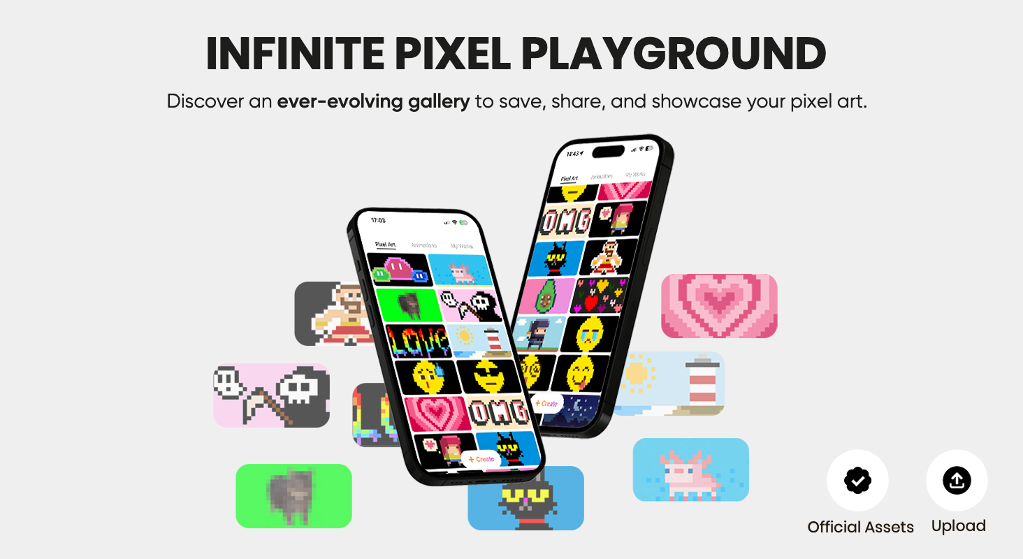 PixelMug app pixel gallery with official assets and user uploads