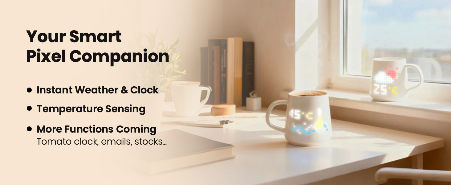 PixelMug as desktop companion displaying weather, clock, and water temperature with more features coming soon