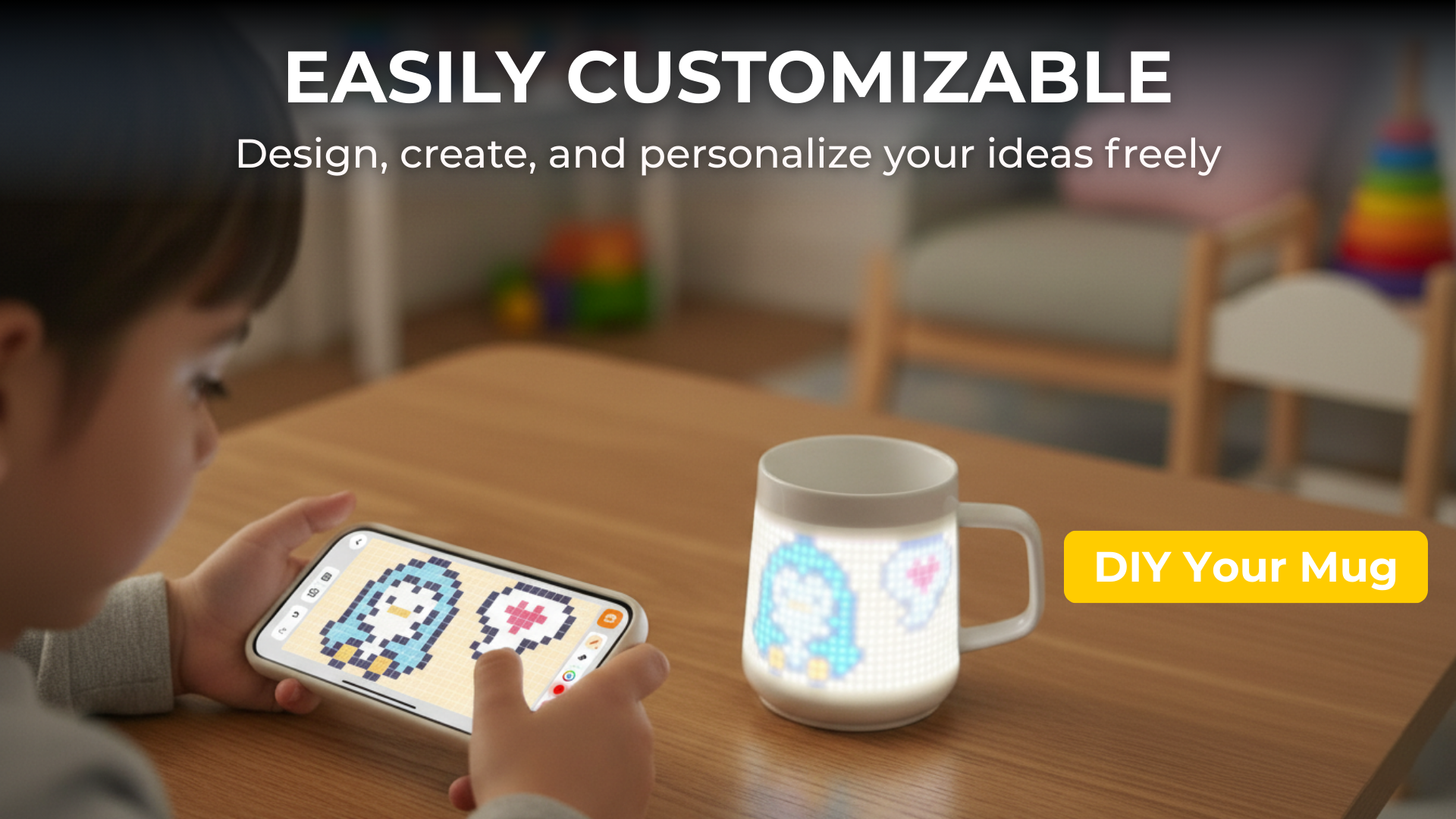 Child drawing a pixel art penguin on the app which instantly syncs to the PixelMug display. Shows the easily customizable DIY feature for designing your own ideas.