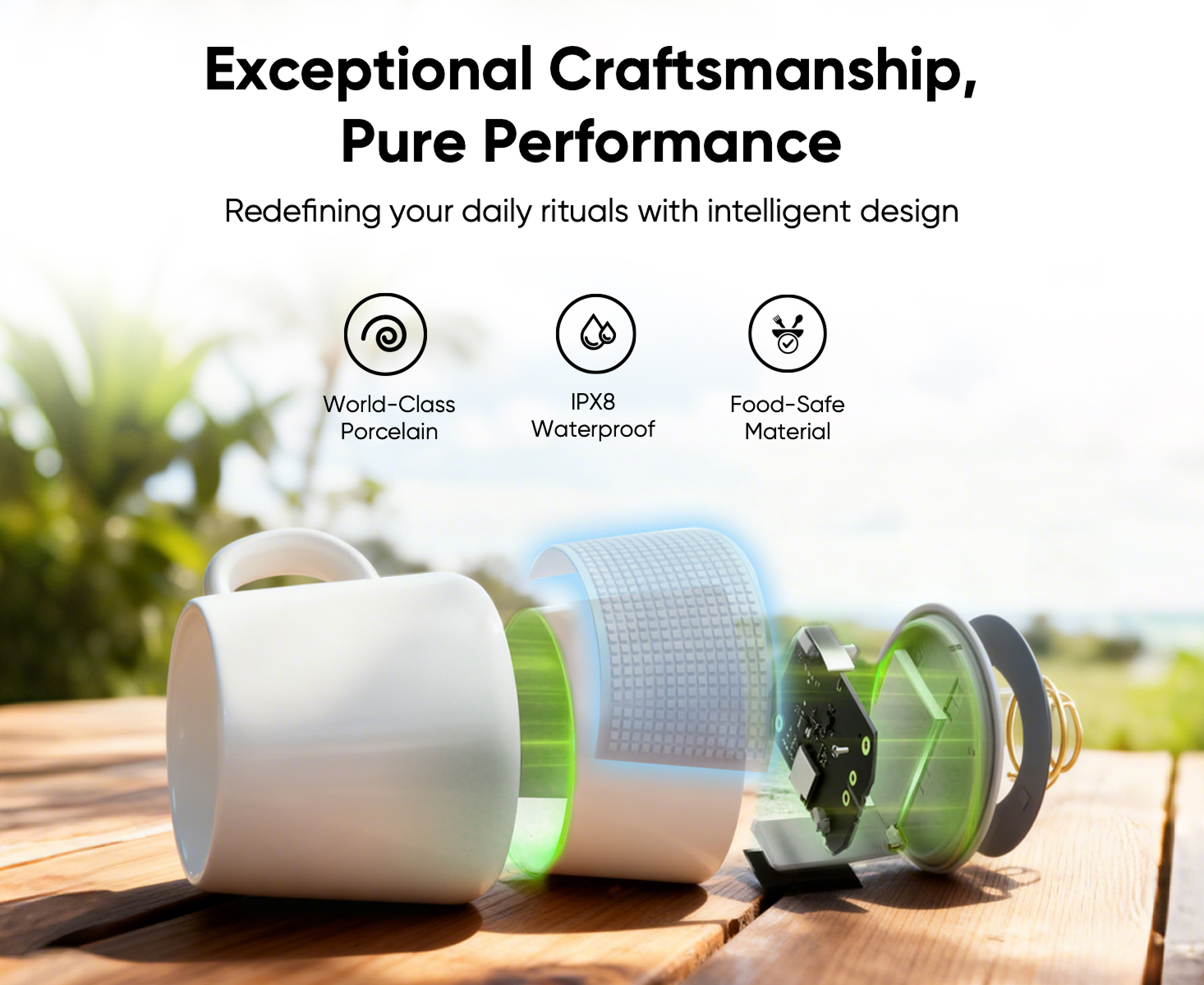 PixelMug hardware features: world-class porcelain, IPX8 waterproof, food-safe materials