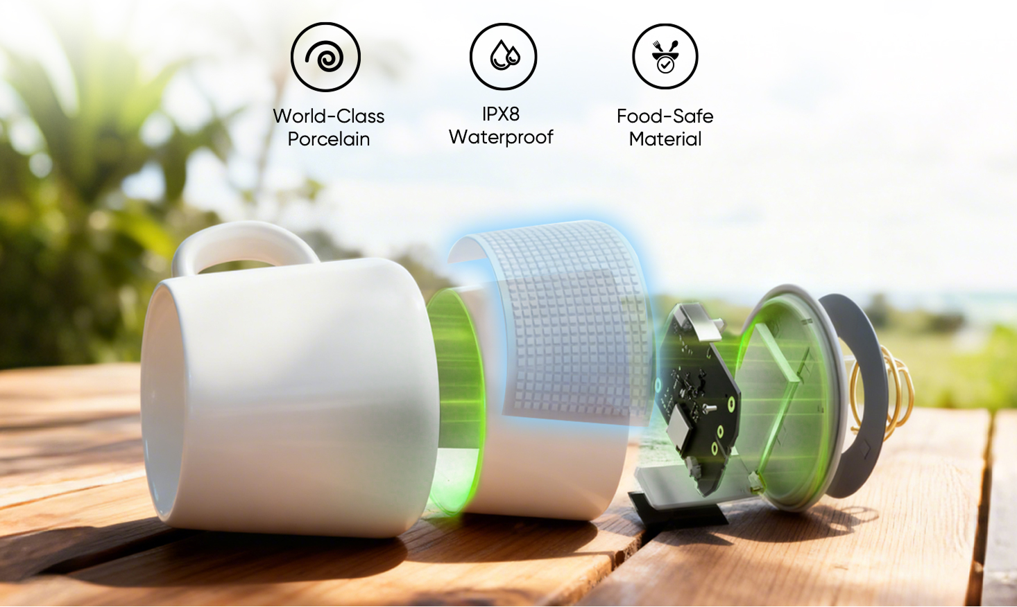 PixelMug hardware features: world-class porcelain, IPX8 waterproof, food-safe materials