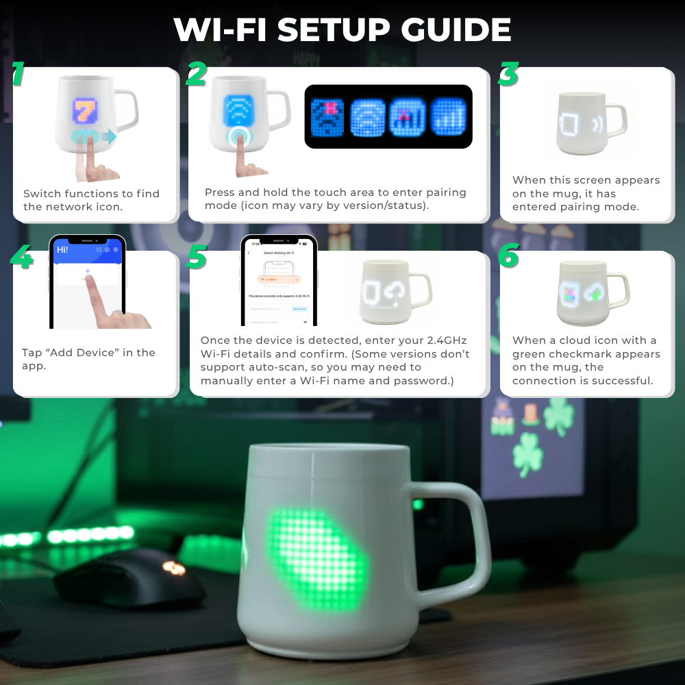 A 6-step Wi-Fi setup guide for Pixelmug. Visual instructions on how to enter network pairing mode on the mug and add the smart device using the mobile app on a 2.4GHz network, set against a green gamer desk.