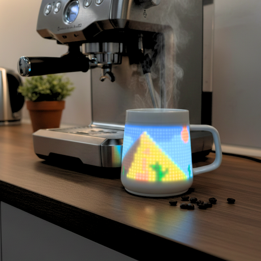 Pixelmug P1 smart mug displaying pixel animation while brewing coffee with an espresso machine