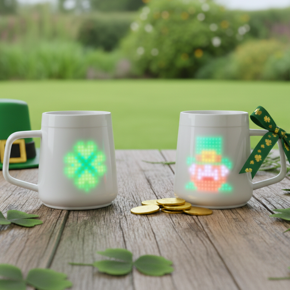 Pixelmug P1 smart mugs displaying a shamrock and leprechaun on a wooden table.