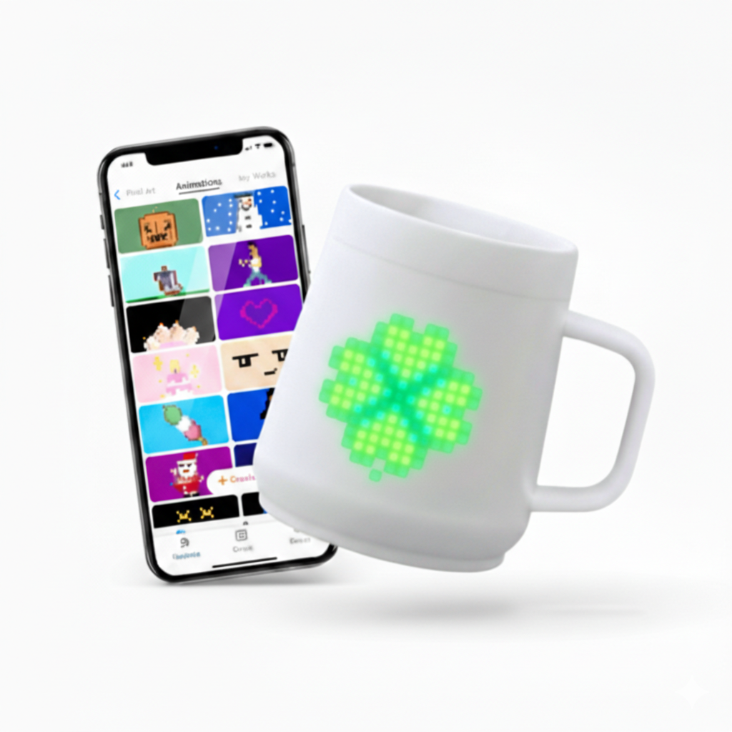 App-controlled Pixelmug P1. A white LED mug glows with a custom shamrock design next to a mobile phone screen showing various customizable pixel animations and features.