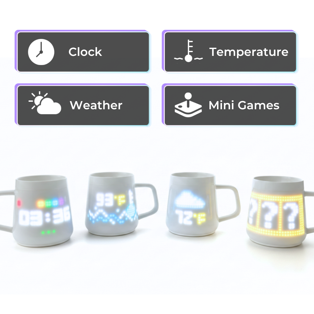 PixelMug P1 display modes: clock, temperature, weather, and mini games – square