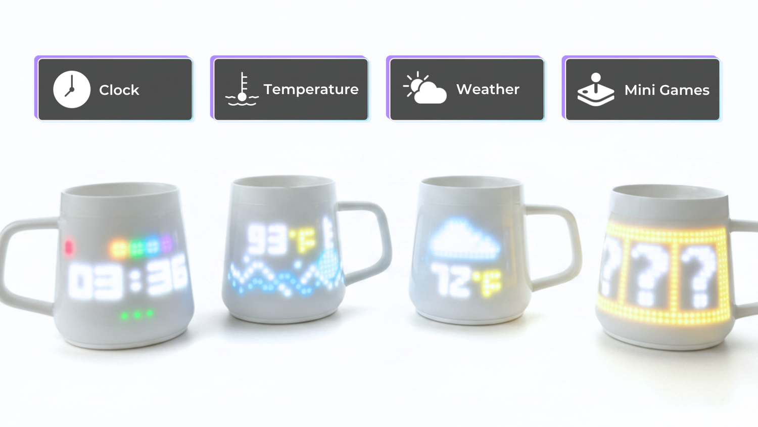 PixelMug P1 showing four display modes: clock, temperature, weather, and mini games