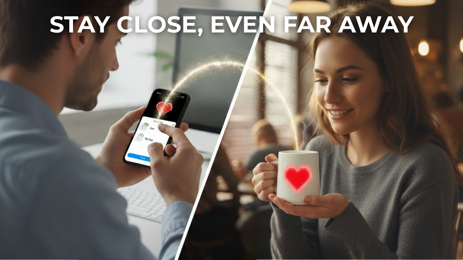 Couple sending a heart message to PixelMug P1 via app across distance