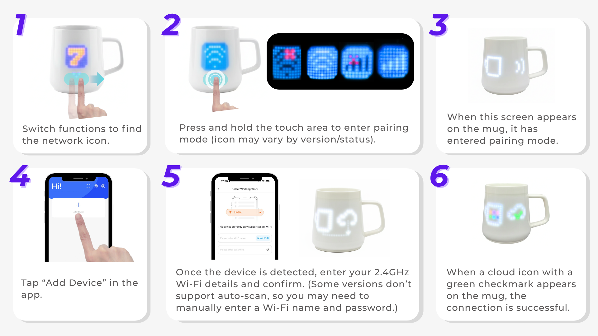 A 6-step Wi-Fi setup guide for Pixelmug. Visual instructions on how to enter network pairing mode on the mug and add the smart device using the mobile app on a 2.4GHz network.