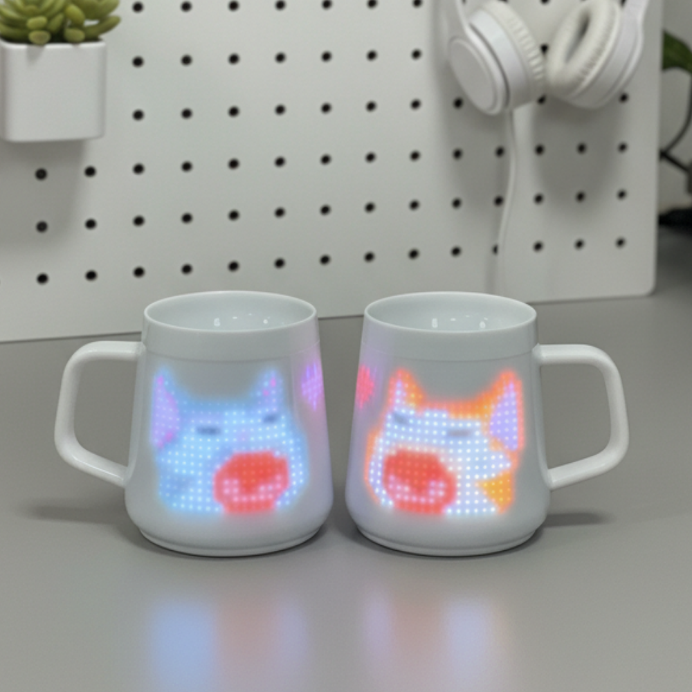 A pair of PixelMug P1 smart LED ceramic mugs showing popcat meme pixel art. Cozy Desk Setup. 