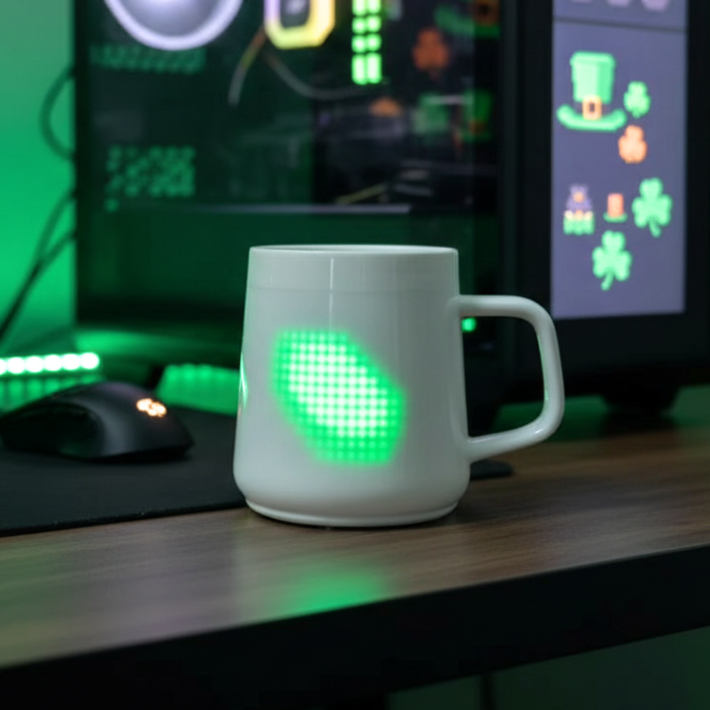 PixelMug P1 displaying a green shamrock pixel art on a gaming desk setup with RGB lighting