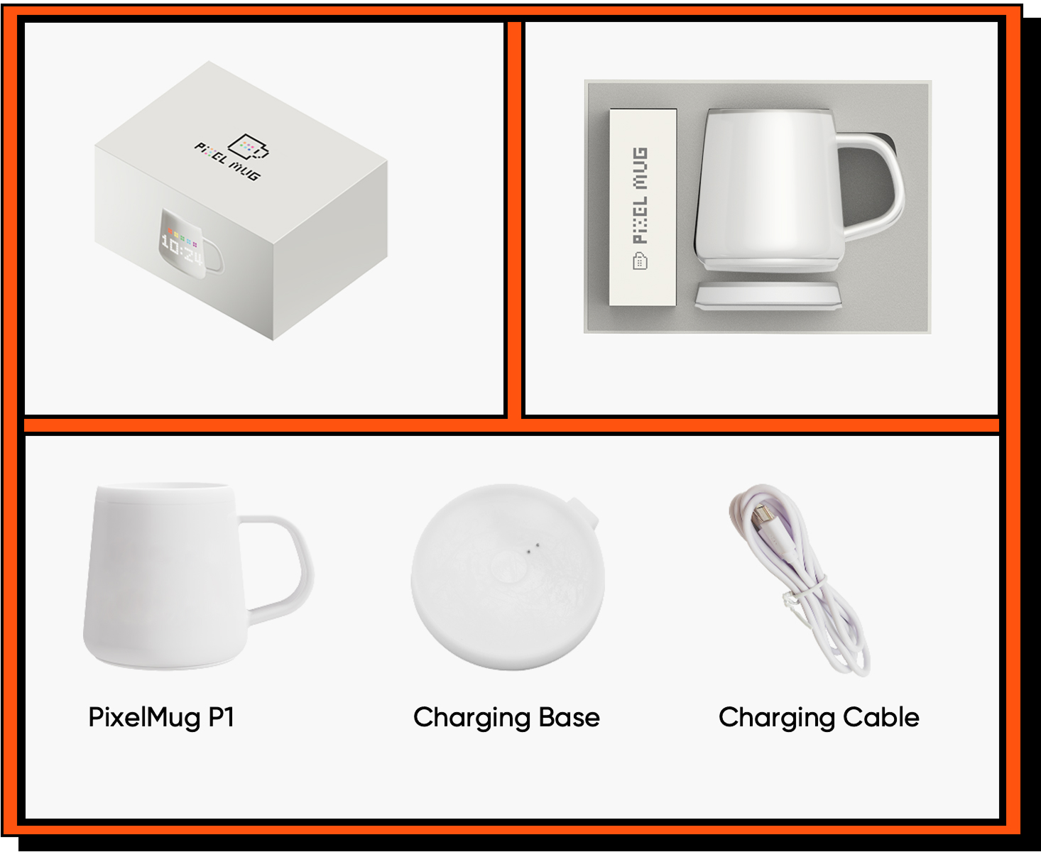 PixelMug product packaging contents including accessories