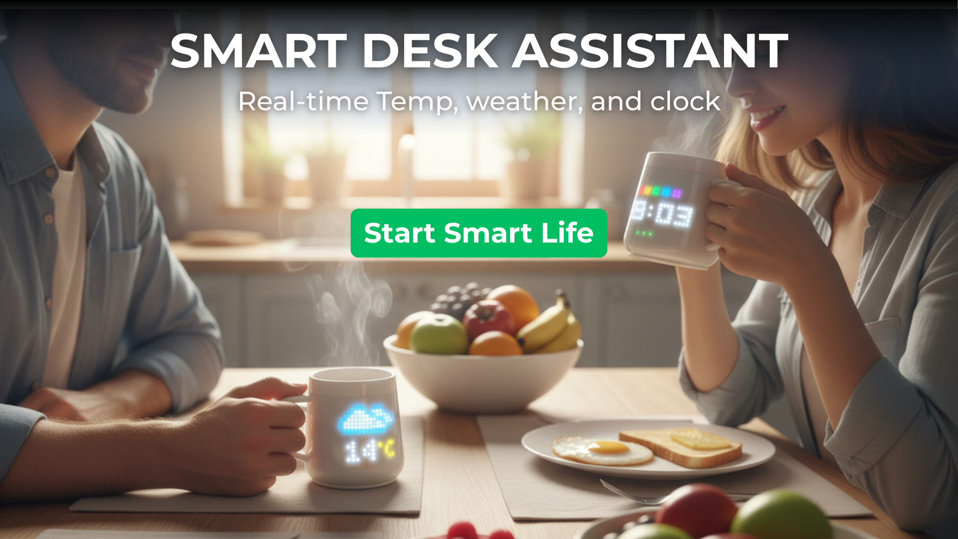 PixelMug smart mugs displaying real-time weather, temperature, and time during breakfast. Smart desk assistant feature helping users start their smart life.