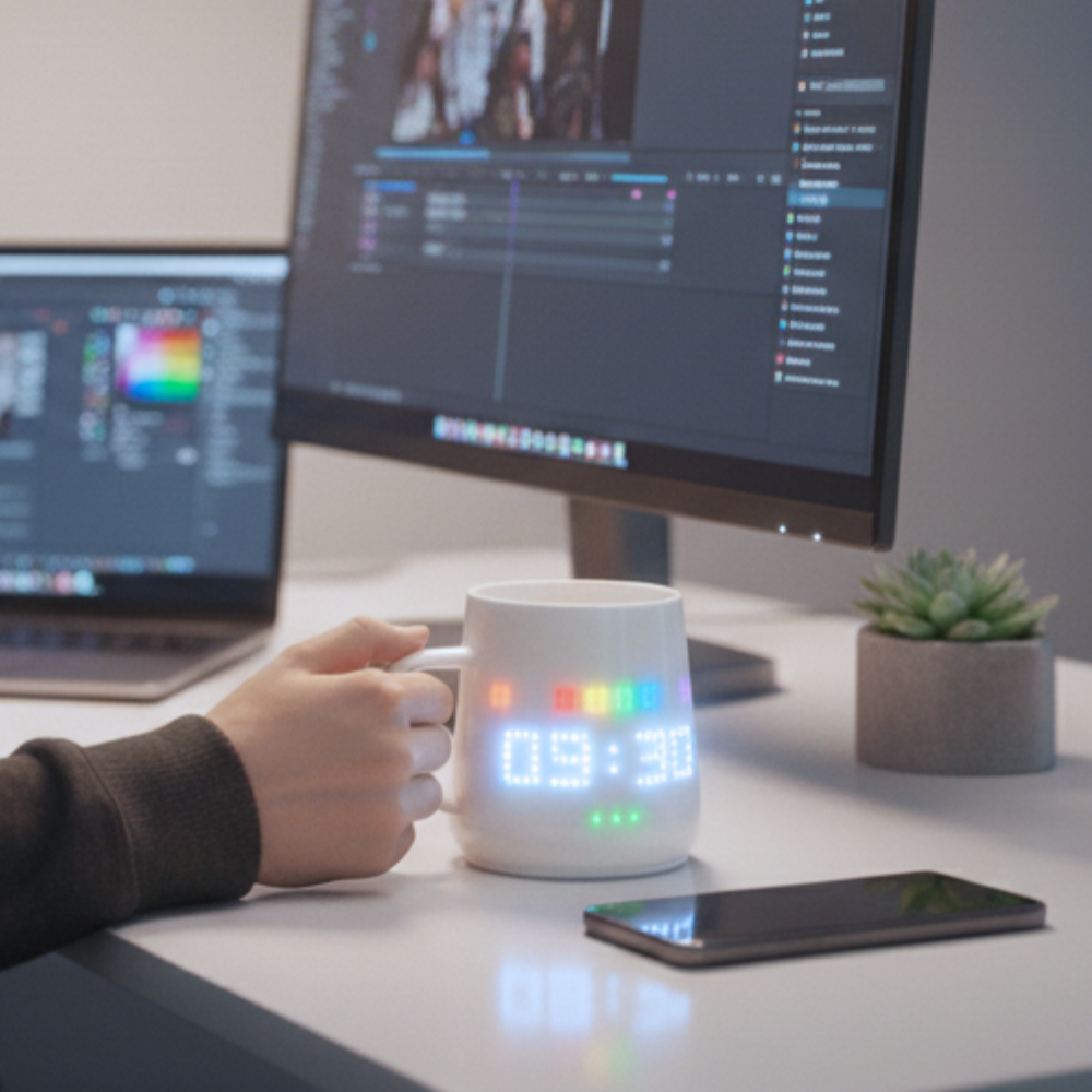 The pixel mug is placed on the desktop, displaying a pixel clock.