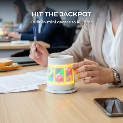 PixelMug smart mug P1 sitting on an office desk displaying a pixel art slot machine mini-game on its LED screen.