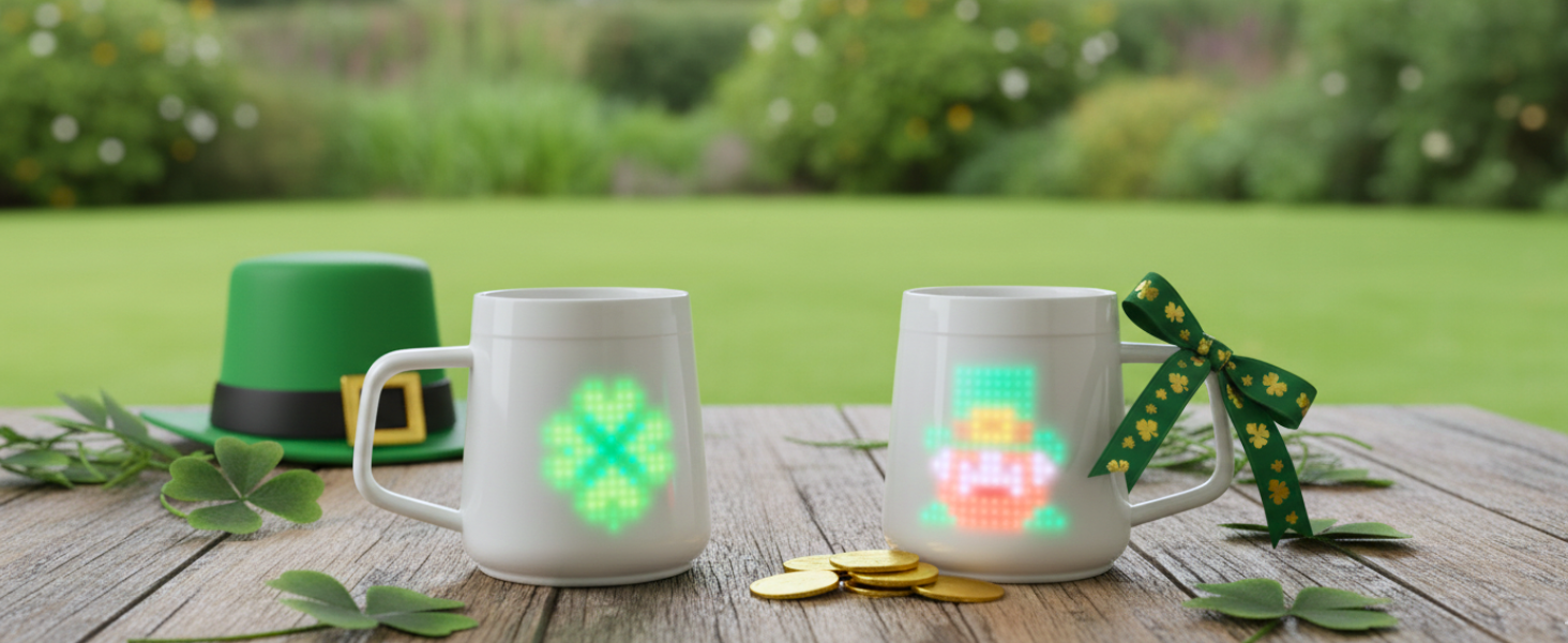 PixelMug P1 LED smart mugs glowing with green shamrock and leprechaun pixel designs for St. Patrick's Day. Shop the lucky couple set.