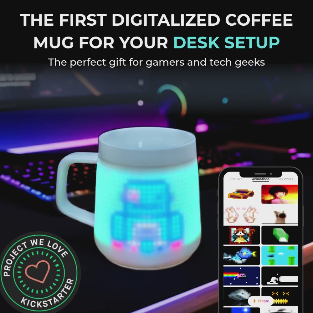 Pixelmug P1 LED RGB programmable coffee mug glowing on a gaming desk setup