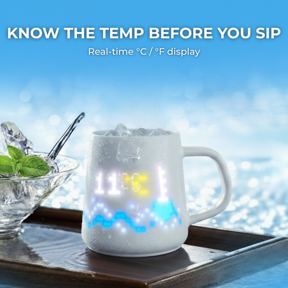 Smart mug displaying real-time temperature and time, helping users keep track of their drink’s temperature. Ideal for breakfast or work setups.