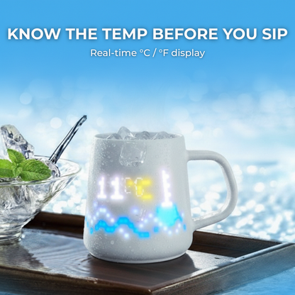 Smart mug displaying real-time temperature and time, helping users keep track of their drink’s temperature. Ideal for breakfast or work setups.
