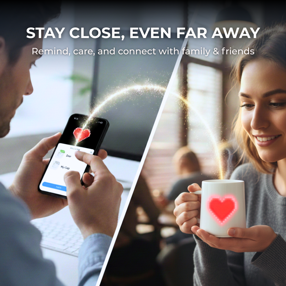 Smart mug that allows users to send moods, reminders, and thoughtful messages to family and friends remotely.