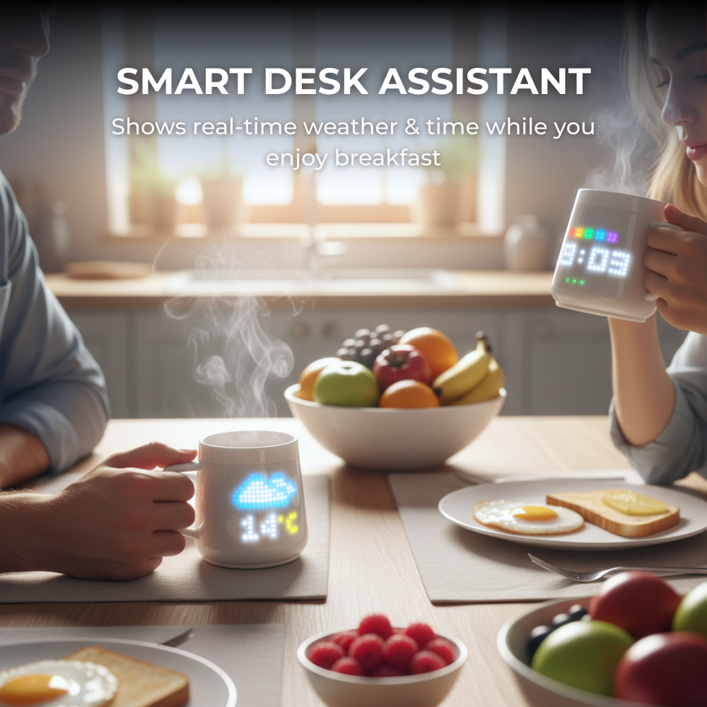 Smart desk assistant showing real-time time and weather updates on two mugs in a breakfast setting.